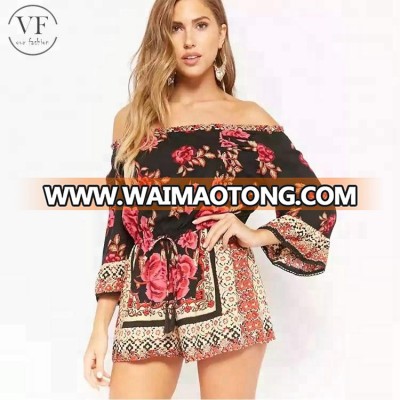 guangzhou oem wholesale garment factory long sleeve Floral Off Shoulder Romper women