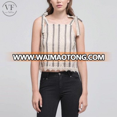 High quality sexy strap tie up stripe lace women crop top for summer