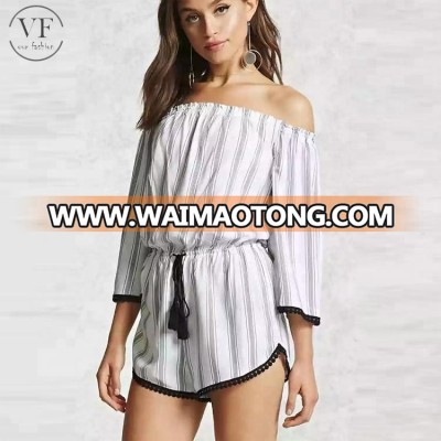 2018 free sample long sleeve off shoulder stripe cotton fabric women rompers