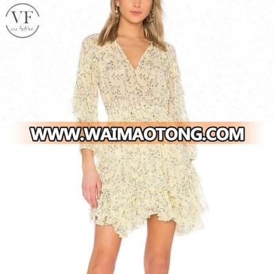 High quality fancy floral long sleeve ruffle women clothing dress